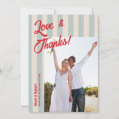Red Writing Blue Stripes Retro Wedding Photo Dankeskarte (Vorderseite)