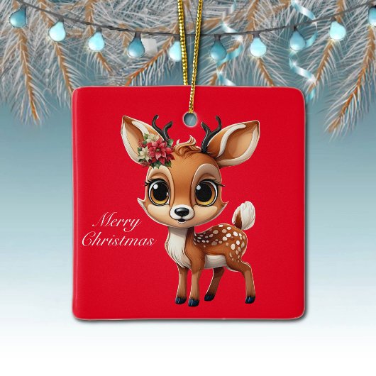 Red Xmas Rentier, Poinsettia Weihnachtsweih 🦌 🎄 Keramikornament