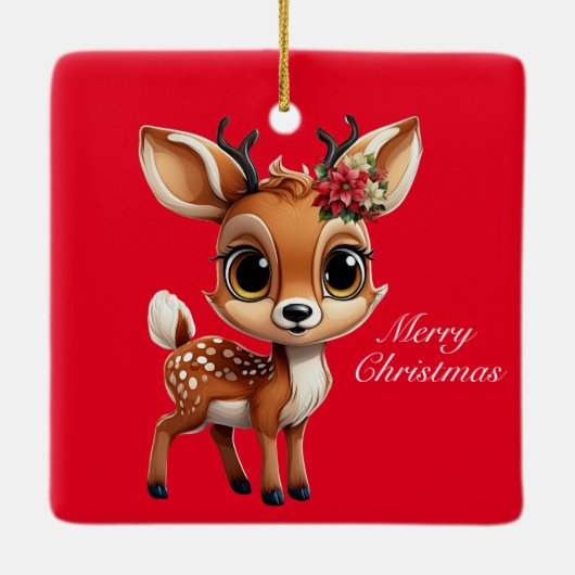 Red Xmas Rentier, Poinsettia Weihnachtsweih 🦌 🎄 Keramikornament (Rückseite)