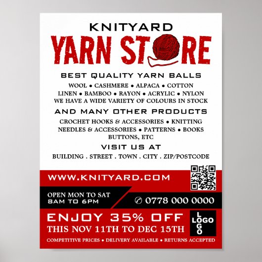 Red Yarn Store Logo, Knitting Store, Yarn Store Poster (Vorne)