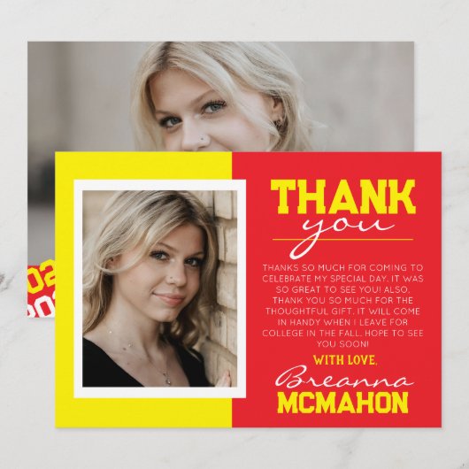 Red & Yellow Abschluss 2 Foto Dankeschön Karte (Vorne/Hinten)