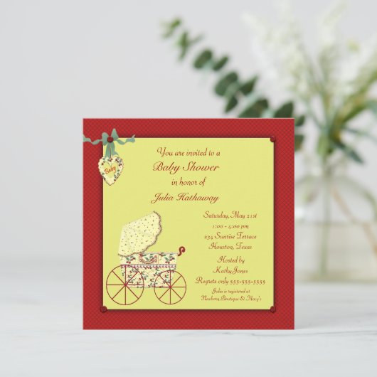 Red Yellow Baby Buggy Baby Dusche Einladung (Stehend Vorderseite)