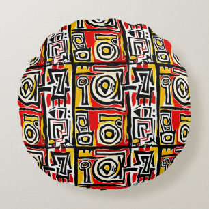 Red Yellow Black Abstrakt African Tribal Geometric Rundes Kissen