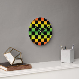 Red Yellow Green Rasta Ombre Checkerboard Runde Wanduhr