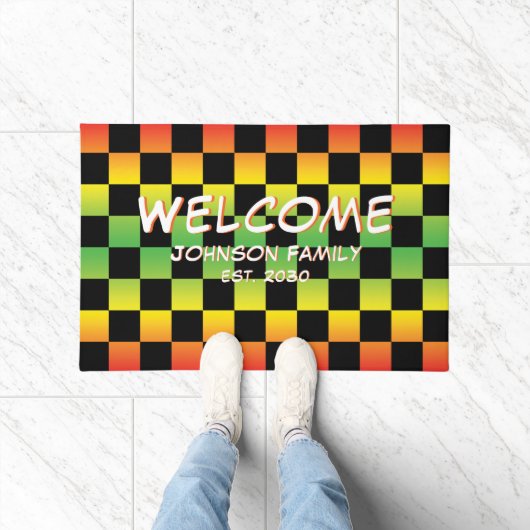 Red Yellow Green Rasta Ombre Checkerboard Willkomm Fußmatte (Indoor)