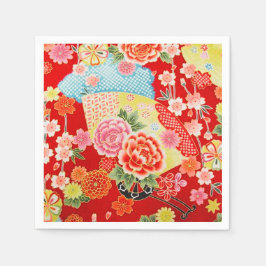 Red Yellow Japanese Kimono Floral Decoupage Paper Serviette