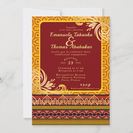 Red & Yellow Kente Wedding Invitation Gold Designs Einladung (Vorderseite)