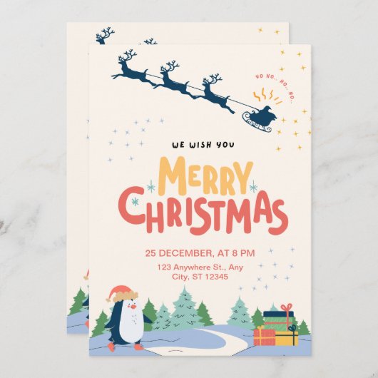 Red Yellow Moderne Minimalistisch frohe Weihnachte Einladung (Vorne/Hinten)