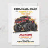 Red Yellow Monster Truck Birthday Einladungen (Vorderseite)