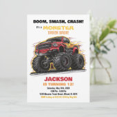 Red Yellow Monster Truck Birthday Einladungen (Stehend Vorderseite)