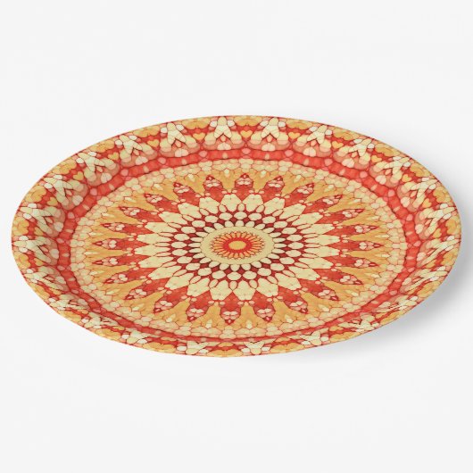 Red Yellow Orange Summer Sun Mandala Pattern Pappteller (Schrägansicht)
