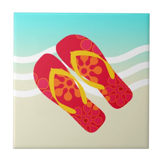 Red Yellow Summer Beach Flip Flops Fliese (Vorderseite)