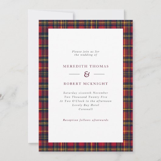 Red & Yellow Tartan Scottish Winter Wedding Einladung (Vorderseite)