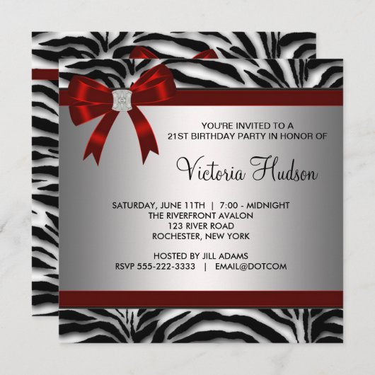 Red Zebra Girl Womans Birthday Party Einladung (Vorne/Hinten)