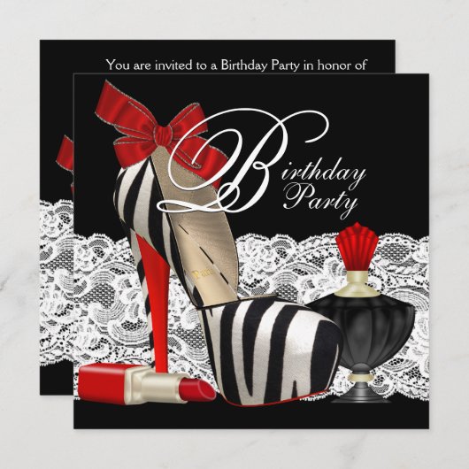 Red Zebra High Heel Shoes Black Red Zebra Party Einladung (Vorne/Hinten)