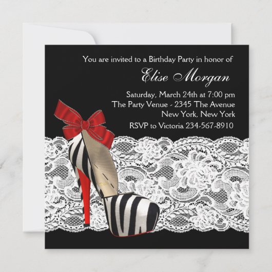 Red Zebra High Heel Shoes Black Red Zebra Party Einladung (Rückseite)