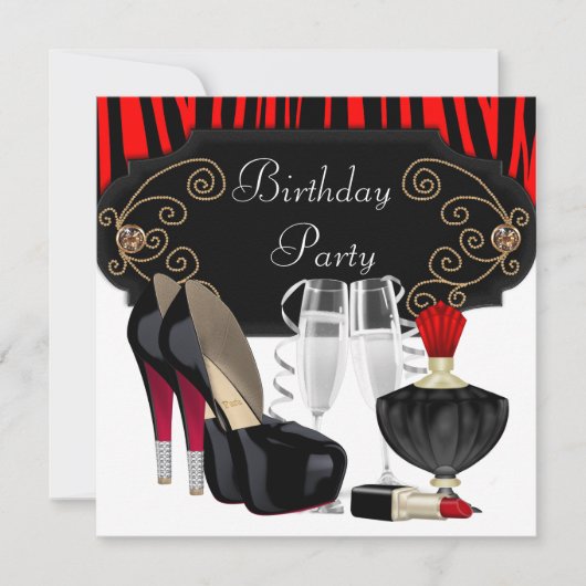 Red Zebra High Heel Shoes Geburtstagsparty Einladung (Vorderseite)