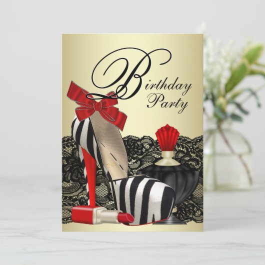Red Zebra High Heel Shoes Red Zebra Party Einladung (Stehend Vorderseite)