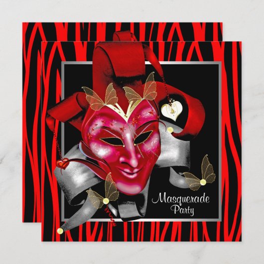 Red Zebra Mask Red Masquerade Party Einladung (Vorne/Hinten)