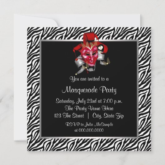 Red Zebra Mask Red Masquerade Party Einladung (Rückseite)
