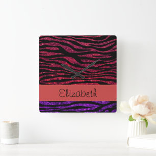 Red Zebra, Purple Zebra, Glitter Zebra, Your Name Quadratische Wanduhr