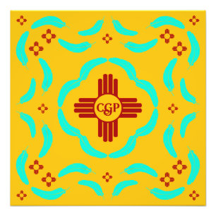 Red Zia Symbols New Mexico Türkis Feathers Fotodruck