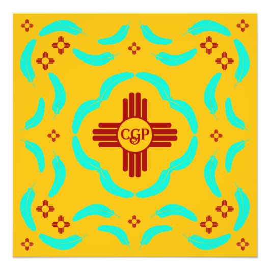 Red Zia Symbols New Mexico Türkis Feathers Fotodruck (Vorne)