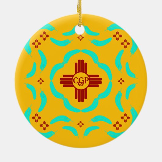 Red Zia Symbols New Mexico Türkis Feathers Keramik Ornament (Hinten)