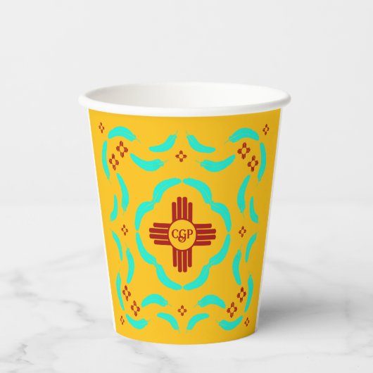 Red Zia Symbols New Mexico Türkis Feathers Pappbecher (Vorderseite)