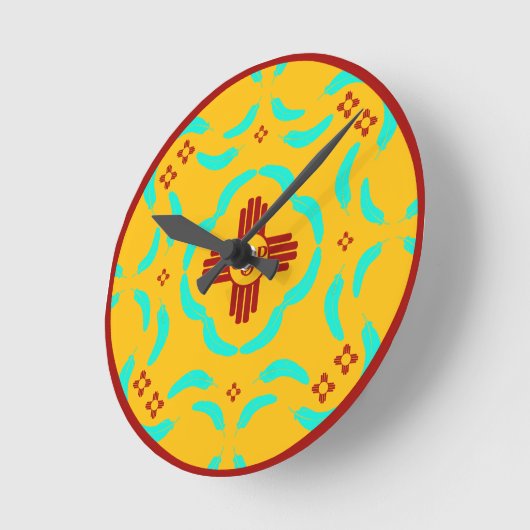 Red Zia Symbols New Mexico Türkis Feathers Runde Wanduhr (Winkel)