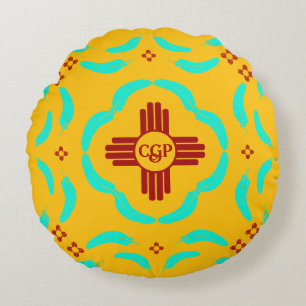 Red Zia Symbols New Mexico Türkis Feathers Rundes Kissen