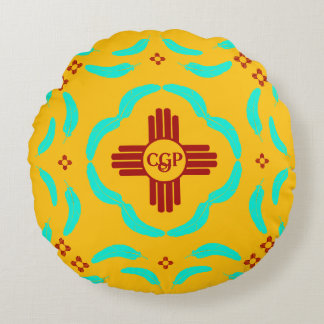 Red Zia Symbols New Mexico Türkis Feathers Rundes Kissen