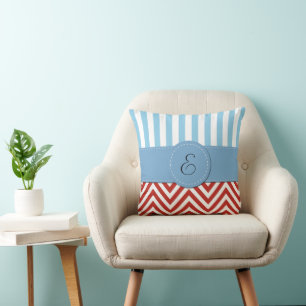 Red Zigzag, Zickzack, Blue Stripes, Monogramm Kissen