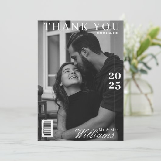 Redaktionelle Hochzeit von Schwarz-Weiß-Zeitschrif Dankeskarte (Stehend Vorderseite)