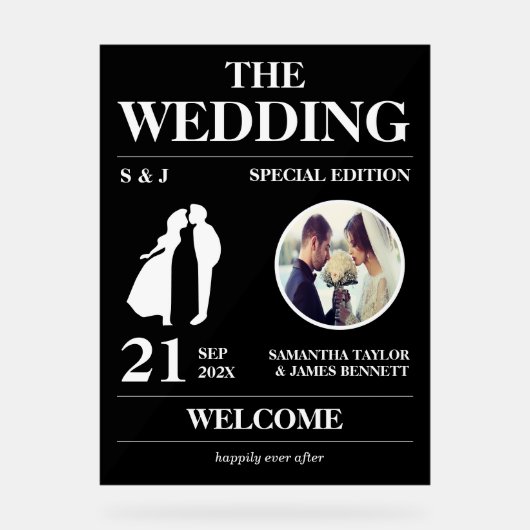 Redaktionelle Stilhochzeitung Begrüßung Acrylschild (Vorderseite)