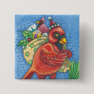 REDBIRD SANTA, CHRISTMAS KARDINAL BIRD BUTTON Squ