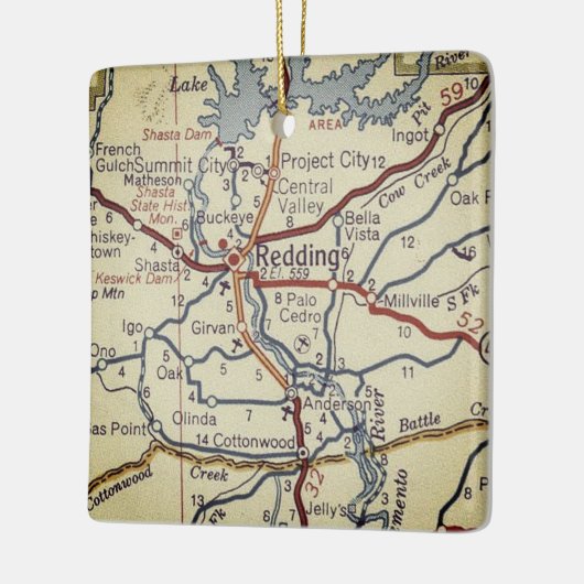 Redding CA Vintag Map Keramikornament (Links)