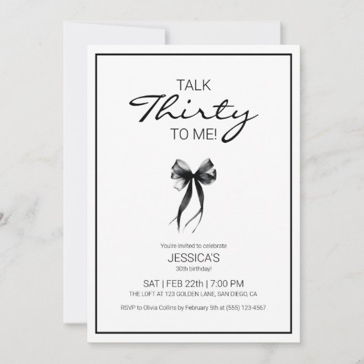 Rede 30 mit mir Dreißig Schwarz und Weiß Bow Gebur Einladung (Vorderseite)