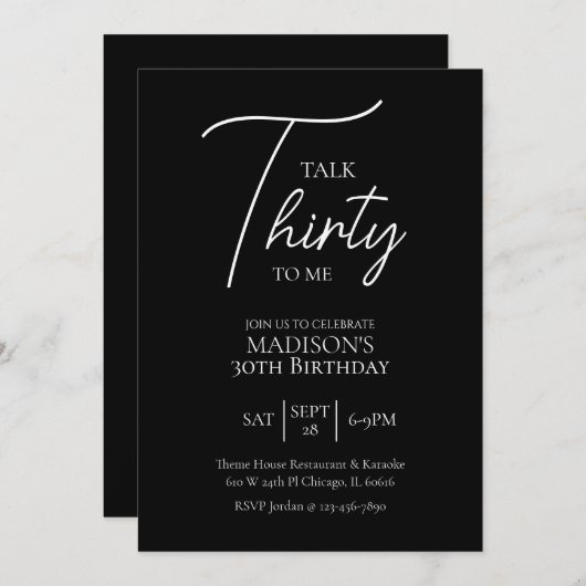 Rede dreißig mit mir am 30. Schwarz & Weiß Geburts Einladung (Vorne/Hinten)