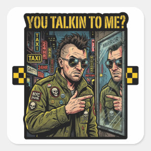 Redest du mit mir - 70er Neo-Noir NYC-Taxi-Karrika Quadratischer Aufkleber
