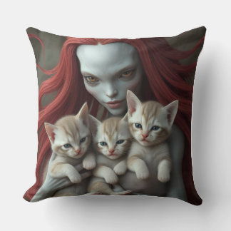 Redhead Alien Holding Kittens Kissen