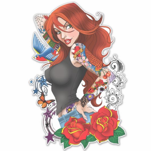 Redhead Frau Tattoos Aufkleber (Vorderseite)