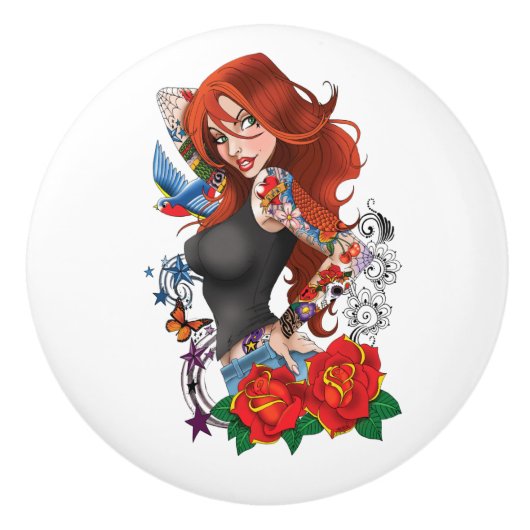 Redhead Frau Tattoos Keramikknauf (Vorderseite)