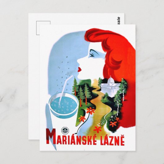 Redhead Frau trinkt Wasser, Marianske Lazne Postkarte (Vorne/Hinten)