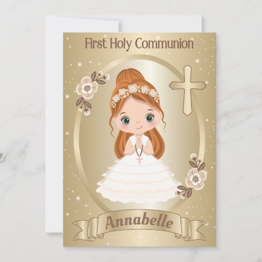 Redhead Girl First Heilige Kommunion Einladung (Vorderseite)