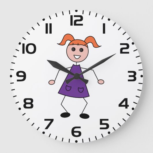 Redhead Girl Stick Figure in Purple Dress Große Wanduhr (Vorderseite)