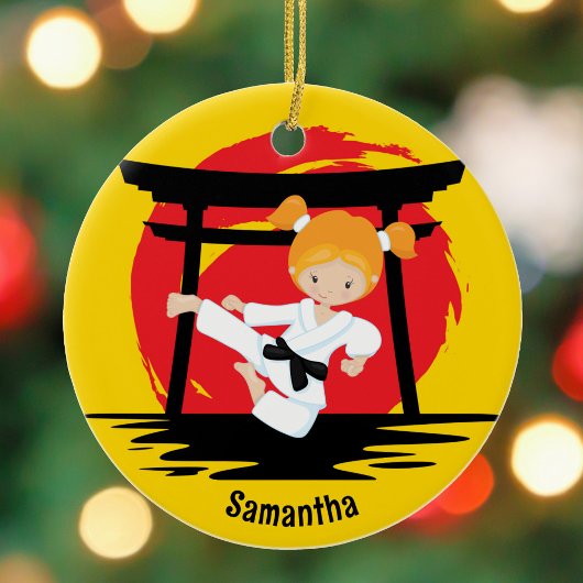 Redhead Karate Girl Custom Kids Name Christmas Keramik Ornament
