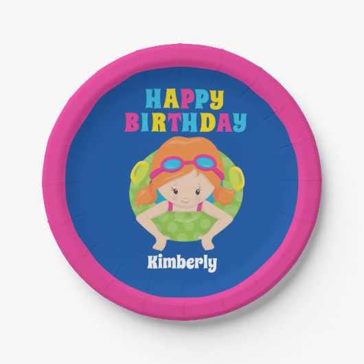 Redhead Swim Girl Custom Pool Party Happy Geburtst Pappteller (Vorderseite)