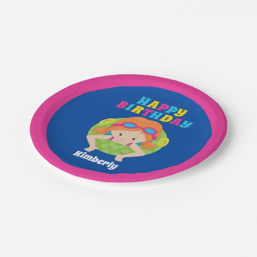 Redhead Swim Girl Custom Pool Party Happy Geburtst Pappteller (Schrägansicht)