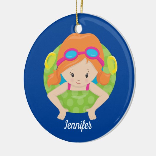 Redhead Swim Team Girl Niedlich Custom Blue Keramik Ornament (Links)
